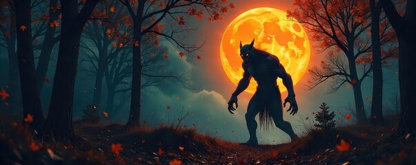 Monstrous Shadow Creature Emerging from Autumn Woods Under Harvest Moon