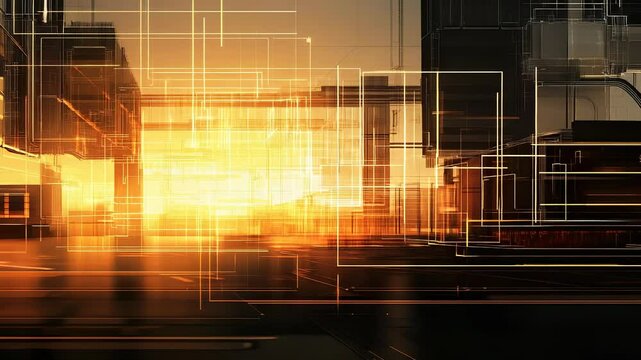 Abstract digital cityscape with glowing lines and architectural structures animation - Powered by Adobe