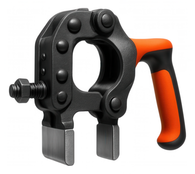 Heavy-duty metal clamp designed for reinforcing scaffolding in a construction site.