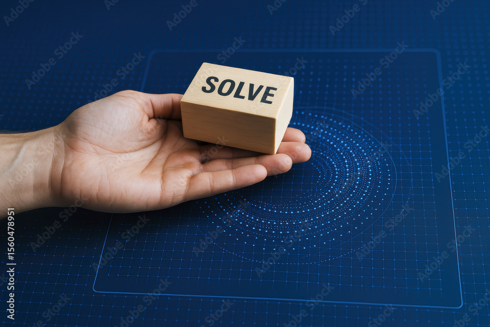 Poster a presents a block symbolizing problem solving amid a digital interface with swirling data points