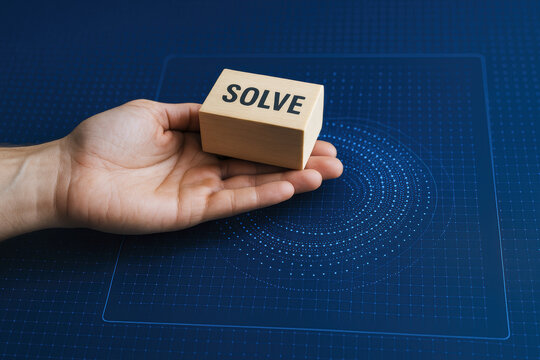 A presents a block symbolizing problem solving amid a digital interface with swirling data points - Powered by Adobe