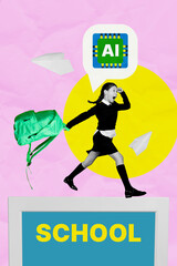 Composite zine pop trend collage of happy preteen schoolgirl run pc monitor carry rucksack...