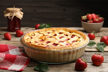 Tasty strawberry pie and berries on wooden table, closeup