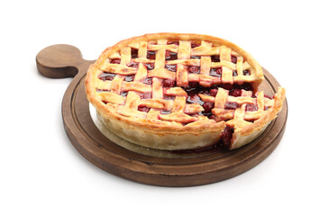 Tasty cut cherry pie isolated on white