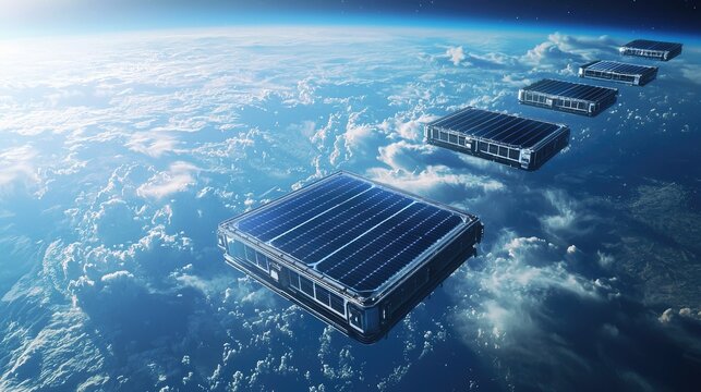 A futuristic fleet of space-based platforms orbiting earth.