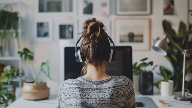 A woman with headphones works on a computer at a cozy, plant-filled desk in a bright, organized home office space.
