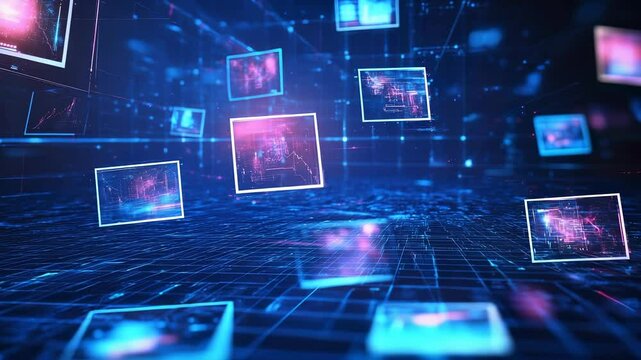 Abstract technology grid with floating screens for futuristic digital innovation - Powered by Adobe