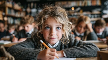 Girl in grey uniform studies in classroom writing in her notebook during the day at school with other students
