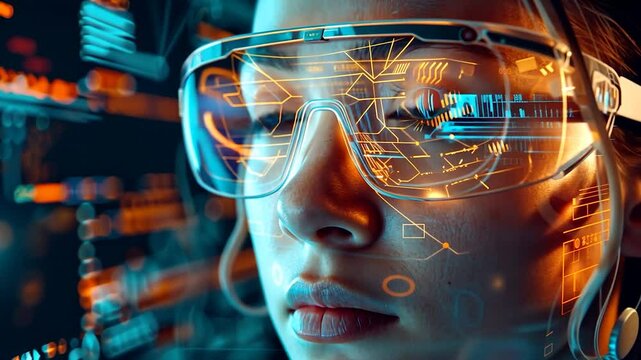 A person wearing glasses with augmented reality displays interacts with digital data, emphasizing innovative coaching technology applications	