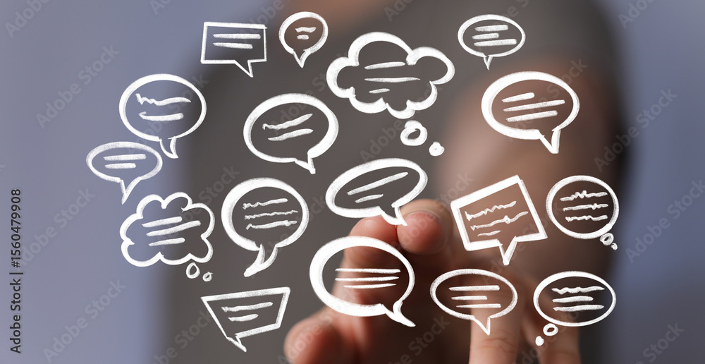 Poster Abstract image of a hand interacting with digital speech bubbles, representing communication and ideas.