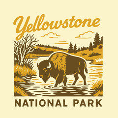 Yellowstone National Park Buffalo with Mountain and River Landscape Vintage Design © hafizh