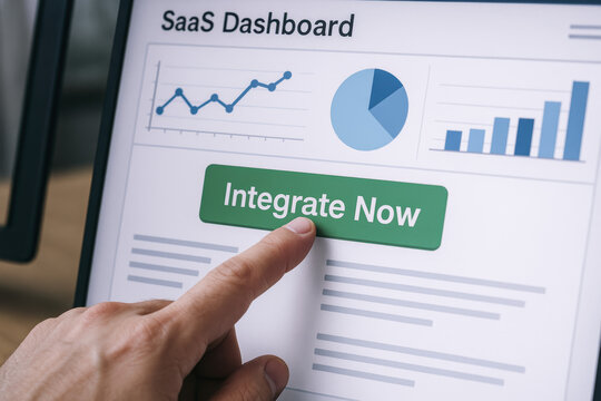 A pressing a button on a digital dashboard symbolizes integration and workflow optimization in business
