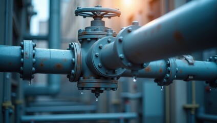 Rusty industrial pipes with a valve and water dripping down. Pipeline system, infrastructure, leak, and maintenance concept.