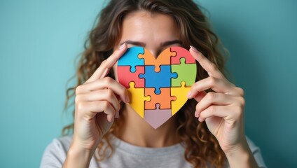 Woman with a heart shaped puzzle. World autism awareness day. Autism spectrum disorder concept. Social inclusion theme.