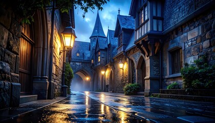 Enchanting Gothic Courtyard with Soaked Streets at Twilight