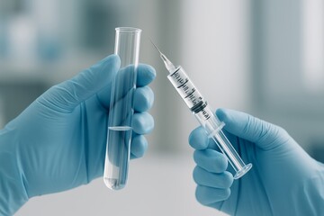 Gloved Hands Holding Syringe and Test Tube with Clear Liquid Medical Research Science Lab