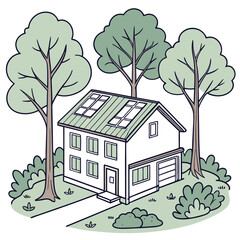 Illustration of a two story house with solar panels on the roof surrounded by trees and bushes in a yard