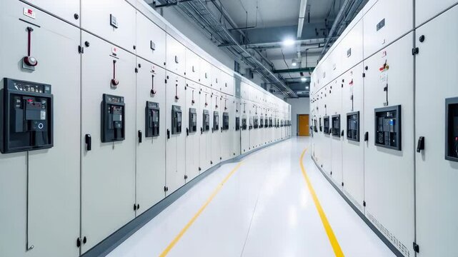 Long view of electrical control panels running parallel in a modern industrial building, with yellow stripe on a white floor.