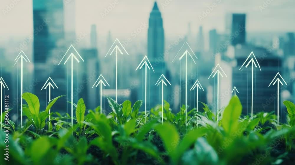 Poster A cityscape with arrows in the foreground, great for abstract concepts and futuristic themes