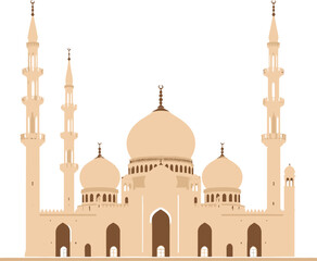 Fototapeta premium Grand Islamic Mosque Architecture Featuring Central Dome and Four Minarets in Warm Beige Tones