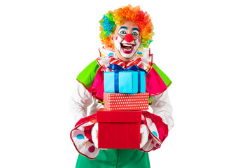 Funny clown with gifts, man entertainer as Joker in a suit and wig, with clown whiteface makeup....
