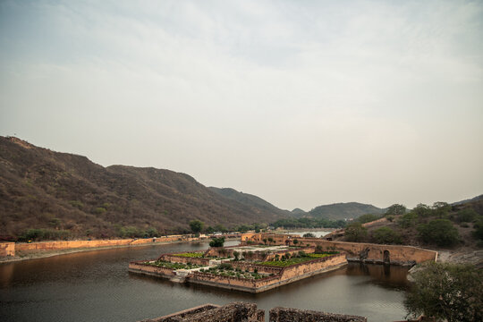 Ancient architecture of the beautiful garden in the center of Maota Lake, at Amber Fort near Jaipur, India