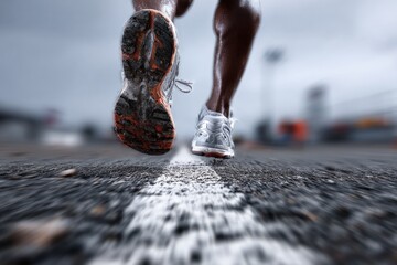 Close-up of feet of a runner in motion on a wet asphalt surface, showcasing dynamic energy and athletic pursuit in cloudy weather