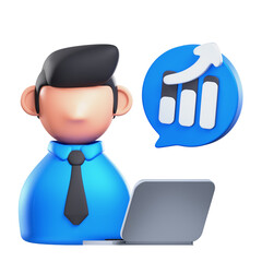 3D Businessman Analyzing Growth Icon. Character with laptop reporting financial success, data analysis, and business progress in speech bubble chart