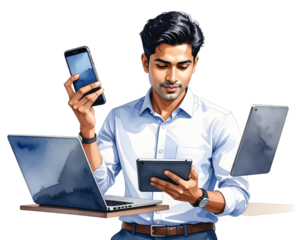 Businessman multitasking with gadgets transparent background