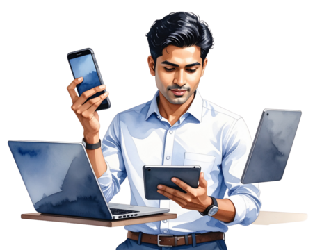 Businessman multitasking with gadgets transparent background - Powered by Adobe