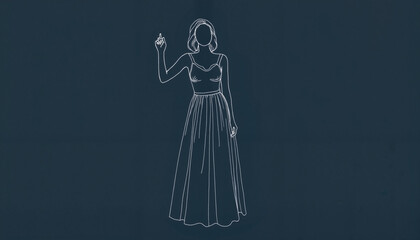 Elegant woman in long dress gesturing with hand on dark background  