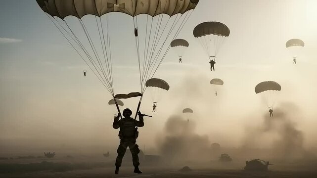 Soldiers parachuting from aircraft into a dusty battlefield at sunset, with smoke and debris in the background