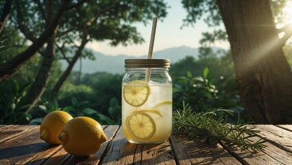 Lemonade in mason jar with straw on the wooden table. Celebration of national Lemonade Day