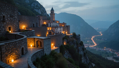 Historic stone castle illuminated by twilight with mountains nearby  