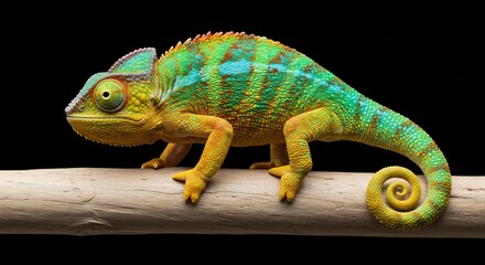 Obraz premium 鮮やかカメレオン 枝の上 神秘的緑色 美しい瞳. AI Generated