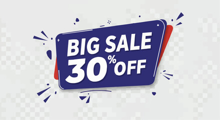 Big Sale 30% Off promotional graphic on a blue and red badge with burst elements.