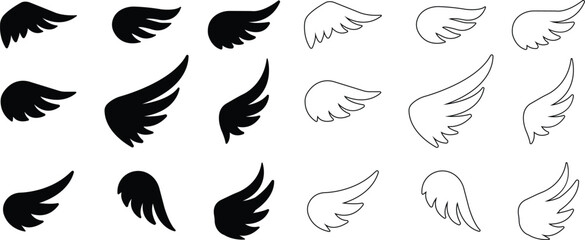 Wing icon set, wing logo designs. Various artistic bird, angel, bat, eagle, and minimalist wing vector collection isolated on transparent for branding, tattoos, emblems, or fantasy design projects.