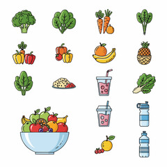 Collection of colorful, outlined icons depicting various healthy foods and drinks.