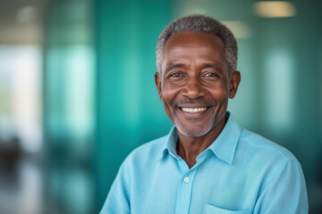 Fototapeta premium A smiling, mature Black man with gray hair and a light blue shirt looks directly at the camera in a modern, blurred office setting.
