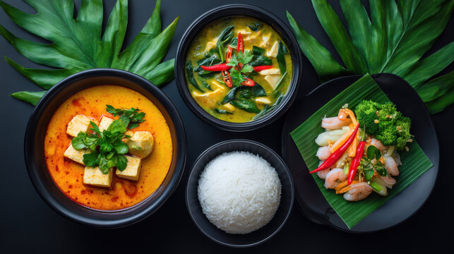 Delicious Thai cuisine featu green curry, Tom Yum soup, shrimp salad, and fragrant rice displayed beautifully with tropical leaves on a dark surface here now.