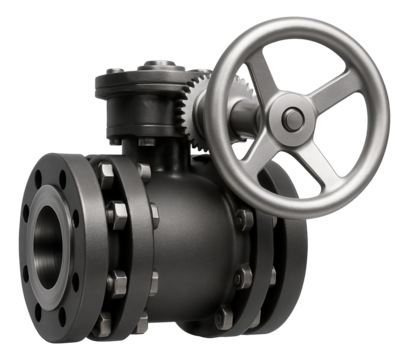 Large industrial ball valve with a gear-operated handle, used in the basement of a commercial building for main water controls.