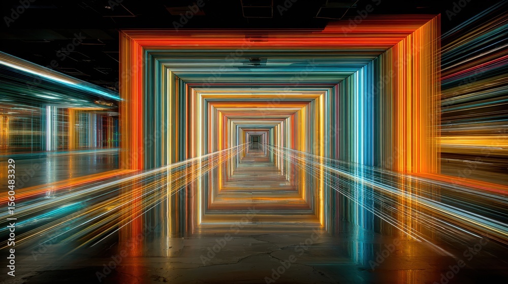 Poster abstract tunnel of colorful light trails creating an optical illusion on a dark floor, indoor instal