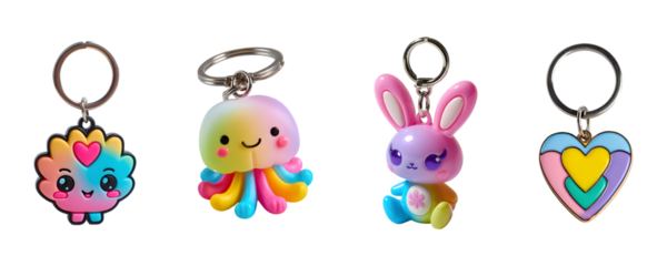 Colorful cute keychain collection isolated on transparent background, in PNG format, cut out