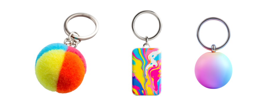 Colorful cute keychain collection isolated on transparent background, in PNG format, cut out