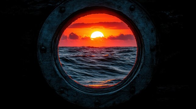 Fototapeta Sunset Seen Through a Porthole Over the Ocean
