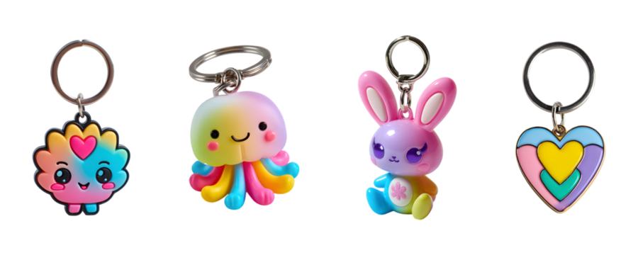 Colorful cute keychain collection isolated on transparent background, in PNG format, cut out