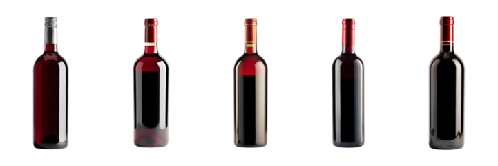 set of dark red wine bottle isolated on transparent background, in PNG format, cut out