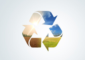 Ecosystem Restoration, environment day concept 3d tree background. Paper bag and recycle icon...