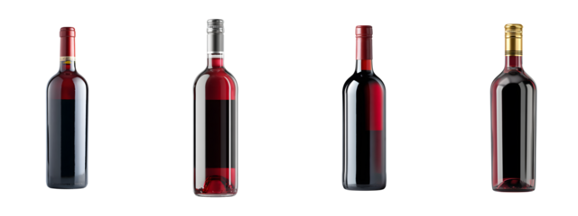 set of dark red wine bottle isolated on transparent background, in PNG format, cut out