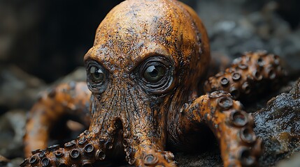 Obraz premium Eerie cephalopod emerging from dark rocky terrain